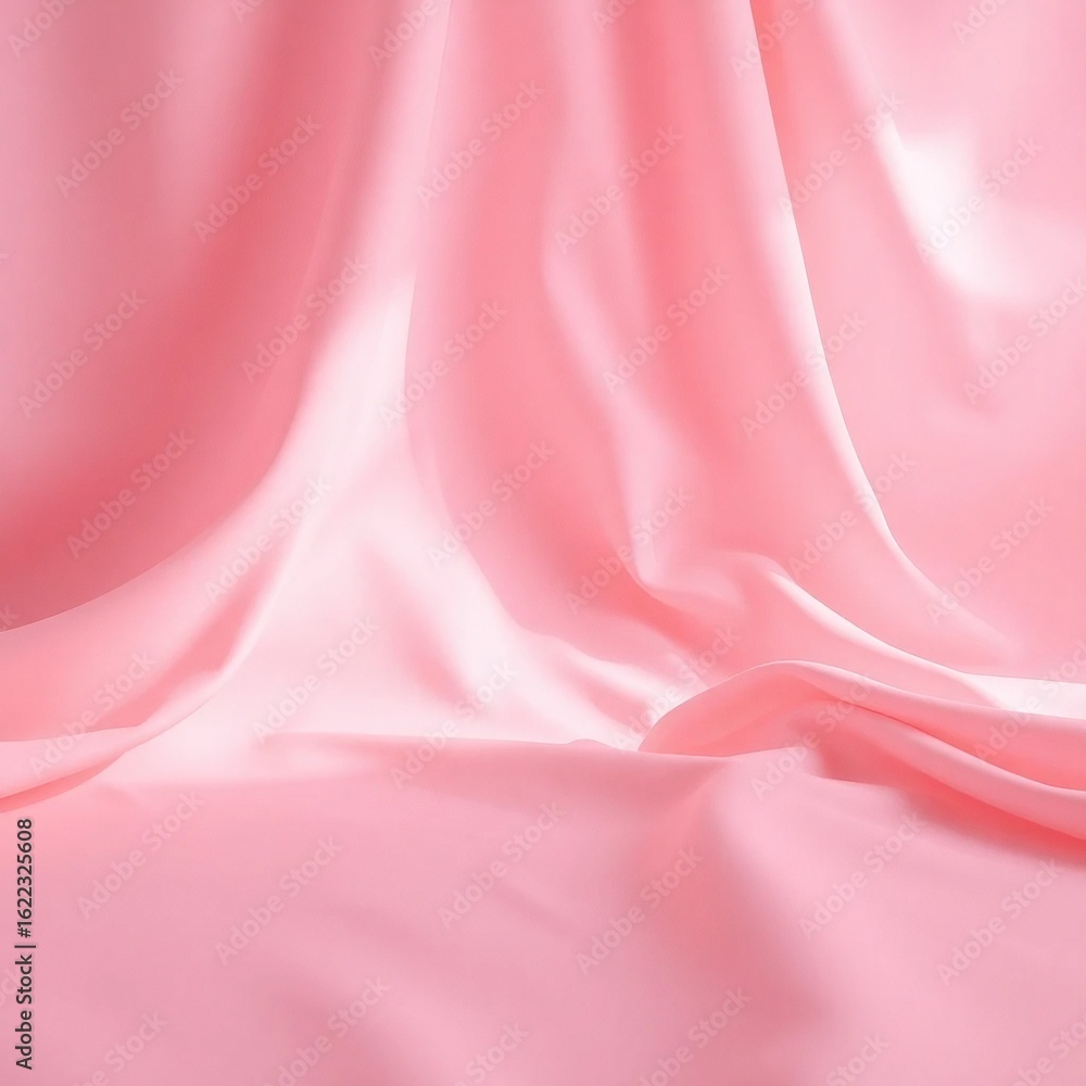 Fototapeta premium Soft pink satin drapery with gentle waves and elegant folds. A luxurious and delicate fabric texture for a romantic backdrop.