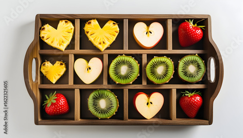 Healthy Food A wooden tray with small piles of various heart-shaped fruits including pineapple, kiwi, apple, and strawberry (1)