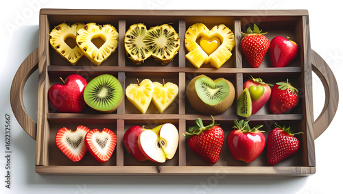 Healthy Food A wooden tray with small piles of various heart-shaped fruits including pineapple, kiwi, apple, and strawberry (3)