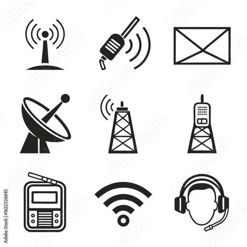 Icon Set Vector Collection featuring Communication Elements like Antenna Email and Headset in Modern Minimalist Style
