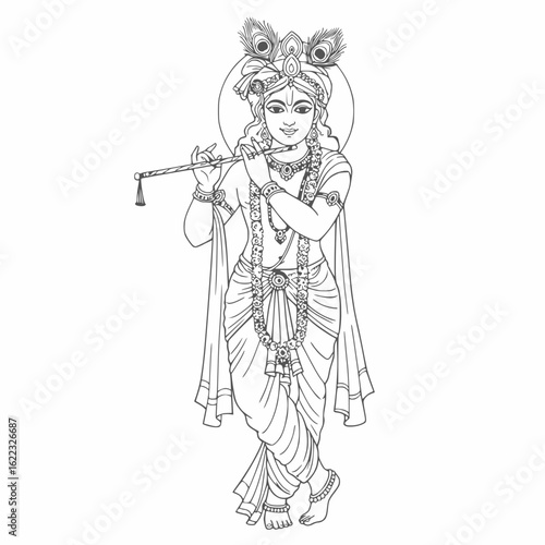 Lord Krishna Playing Flute: Line Art Illustration