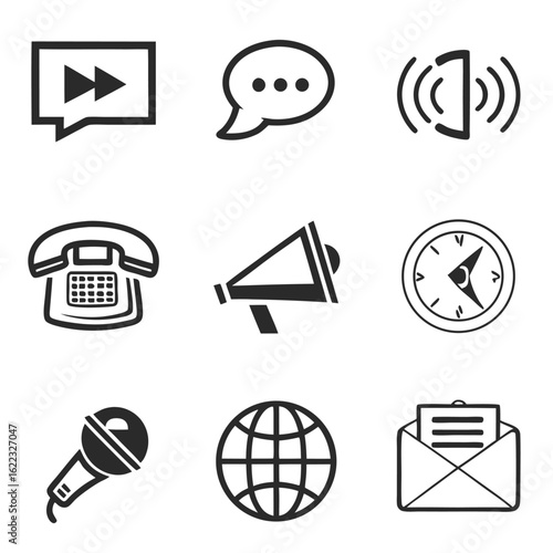 Icon Set Vector Collection of Communication Symbols in Modern Minimalist Style with Phone Microphone and Globe for Professional Business Designs