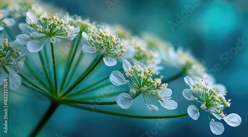 Delicate white flower umbels against a blurred teal backdrop