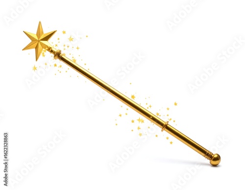 A golden wand with a star-shaped top, sparkles trail behind it on a white background