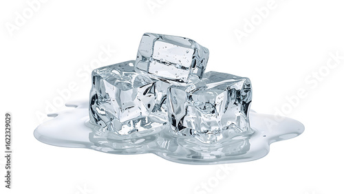 Three transparent ice cubes melting on the transparent background with pool of water, concept of cooling, refreshment, summer and temperature change