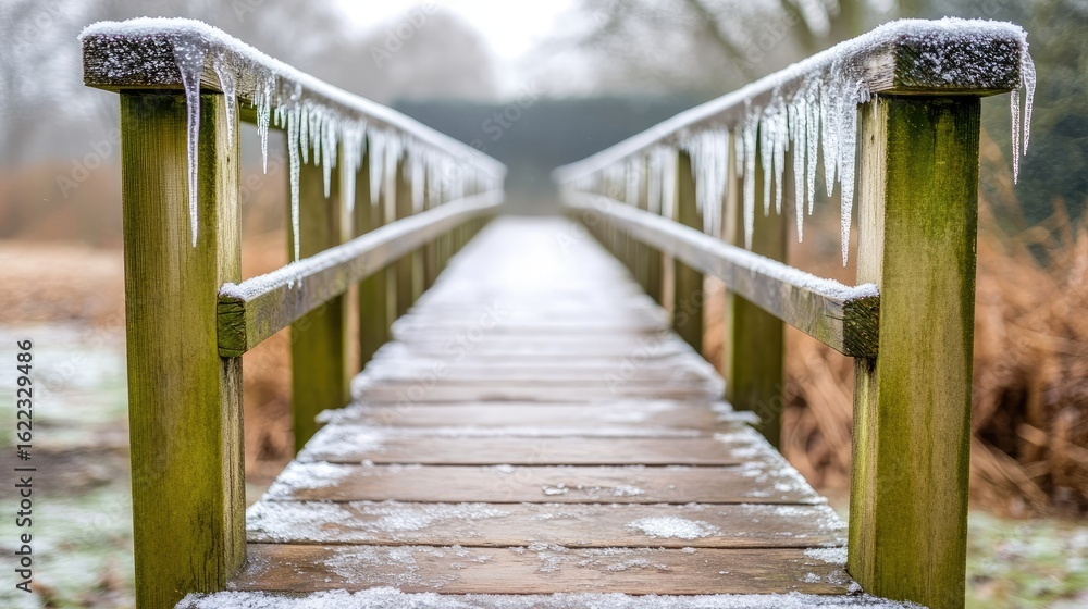 Obraz premium Frozen wooden bridge in winter landscape