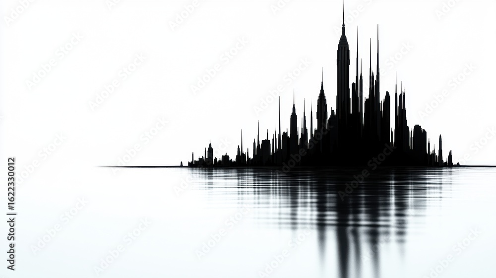 Fototapeta premium A city skyline reflected in calm water.