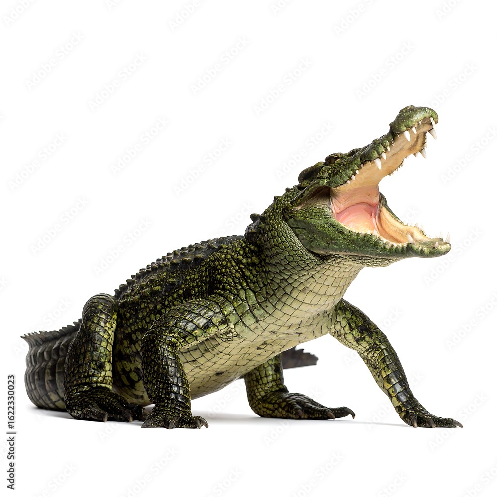 Naklejka premium A large reptile with its jaws open, showcasing its teeth and textured skin against a plain white backdrop