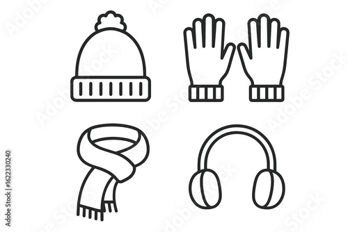 Winter clothing essentials: hat, gloves, scarf, earmuffs outlined icons