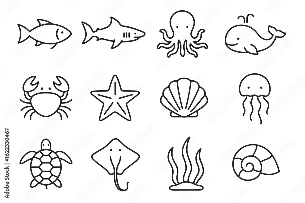 Fototapeta premium Marine life icons set featuring fish, octopus, whale, and sea turtle illustrations