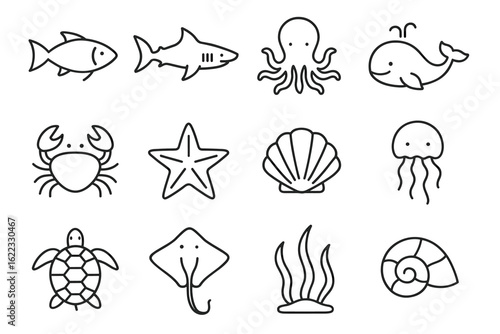 Marine life icons set featuring fish, octopus, whale, and sea turtle illustrations