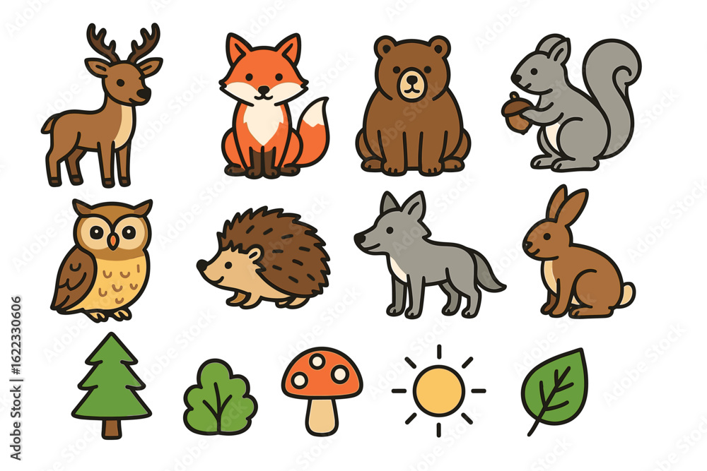 Naklejka premium Cute cartoon forest animals and nature icons - deer, fox, bear, squirrel, owl, hedgehog, wolf, rabbit