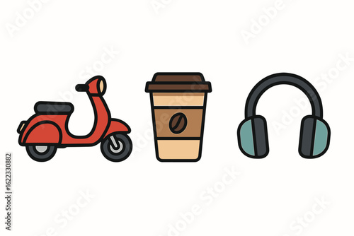 Colorful icons of scooter coffee cup and headphones in minimalist style