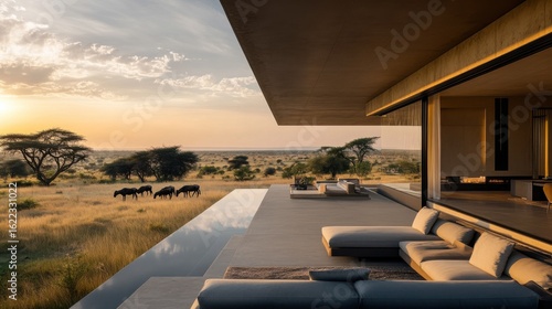 Wallpaper Mural Expansive modern home overlooking a savanna landscape at sunrise. Torontodigital.ca