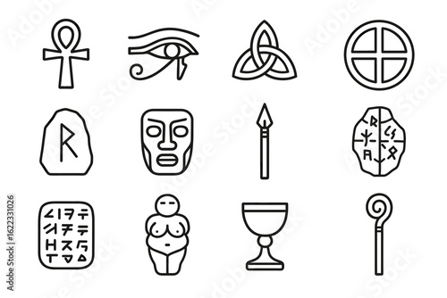 Collection of ancient symbols and artifacts: ankh, eye of horus, triquetra