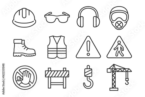 Construction safety icons: helmet, glasses, mask, boots, vest, signs, hook, crane