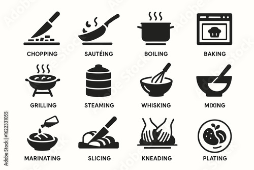Cooking techniques icons: chopping, sautéing, boiling, baking, grilling, steaming, whisking, mixing, marinating, slicing, kneading, plating