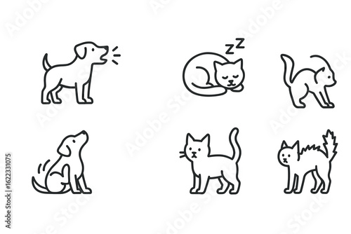Simple line art of dogs and cats in various poses