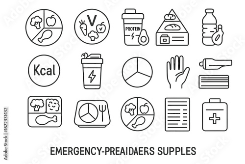 Icons representing emergency preparedness and supplies for nutritional needs