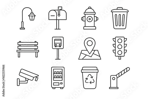 Set of urban line icons: mailbox, hydrant, trashcan, and more