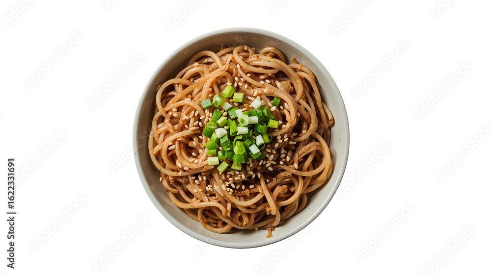 Fototapeta premium Asian noodles bowl with sesame seeds and green onions on the transparent background tasty vegetarian meal top view
