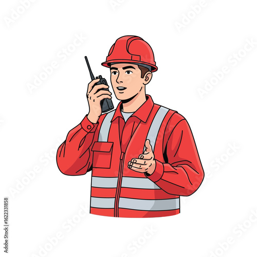 A construction worker in red uniform communicating with a radio, gesturing.