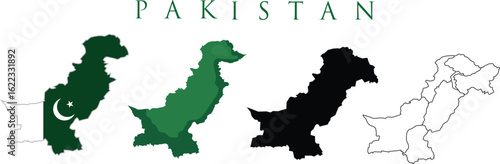 Pakistan map set icons in different styles. Vector isolated in outline, solid, silhouette and national flag styles for infographics or presentations.