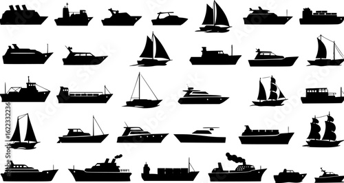 a set of black silhouette ship icons, set against a white background, simple vector graphics