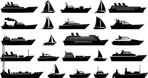 a set of black silhouette ship icons, set against a white background, simple vector graphics