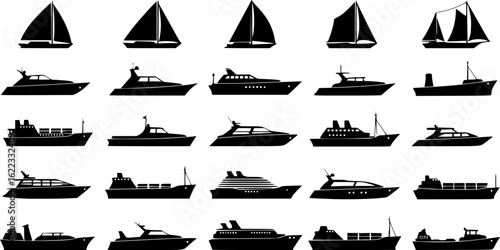 a set of black silhouette ship icons, set against a white background, simple vector graphics
