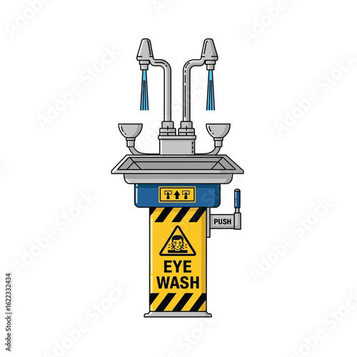 Emergency eye wash station with dual nozzles, clearly labeled for safety.