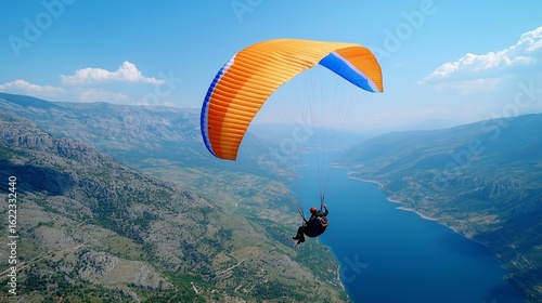 Soaring over a breathtaking lake in a colorful paraglider on a clear day in the mountains
