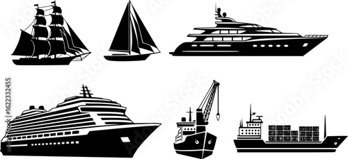 a set of black silhouette ship icons, set against a white background, simple vector graphics