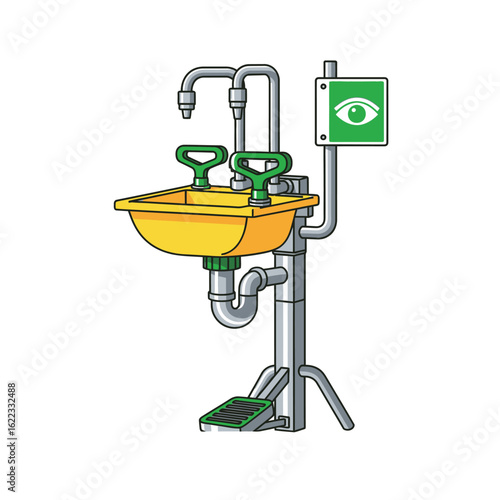 Illustration of a safety eye wash station with a yellow basin and green handles.