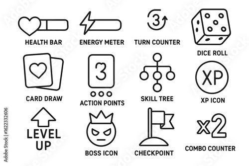 Gaming interface icons: health, energy, dice, cards, skills, xp, level up, boss, checkpoint