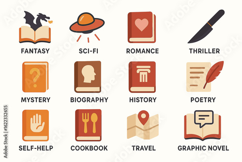 Icon set representing various book genres with distinct symbols