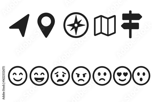 Navigation symbols and emoji faces illustrating direction and emotions