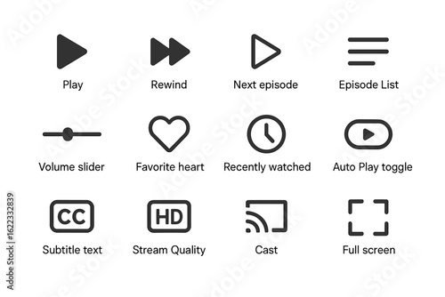 Media control icons set: play, rewind, volume, heart, auto play, hd, cast, full screen