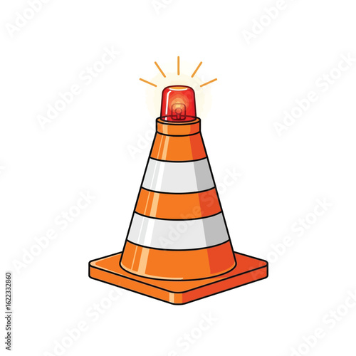 A cartoon illustration of an orange and white traffic cone with a flashing red light.