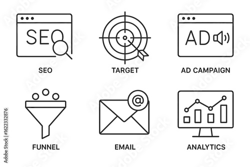 Digital marketing elements: seo, targeting, ad campaigns, funnel, email, analytics