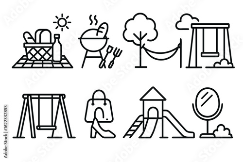 Simple picnic and playground icons with swing, slide, and barbecue