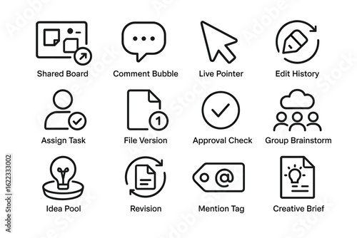Business collaboration icons: tasks, ideas, approvals