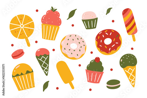 Sweet Treats: A charming illustration of various colorful sweets, each exuding a delightful aura of temptation and joy, inviting you to savor their unique deliciousness.