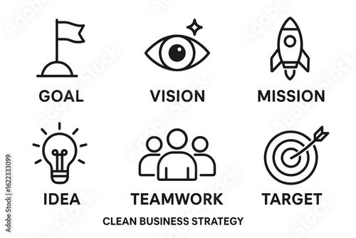 Goal vision mission concept: icons representing idea teamwork target strategy