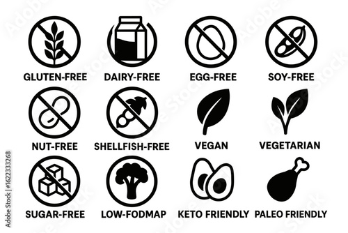 Set of food allergy and diet icons: gluten-free, dairy-free, vegan, keto friendly options