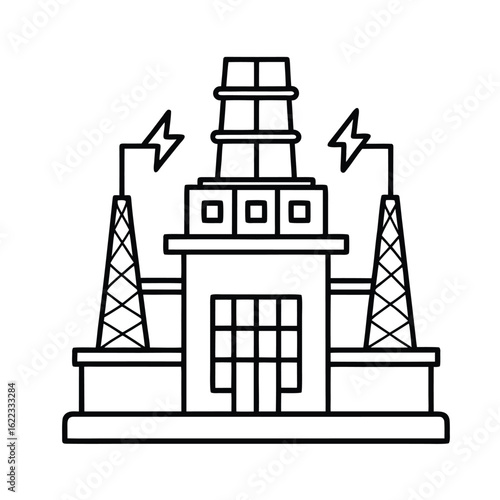 A stylized, black and white illustration of a power plant featuring a central building, two tall lattice towers, and lightning bolt symbols.