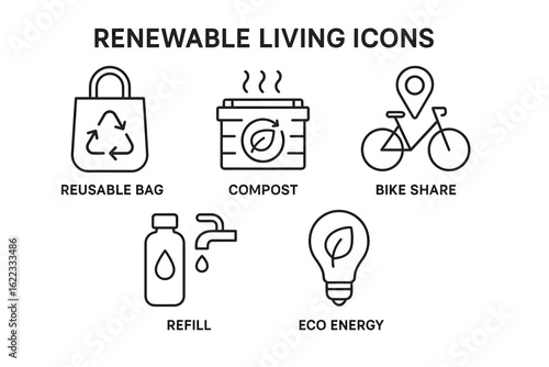 Renewable living icons: reusable bag, compost, bike share, refill, eco energy