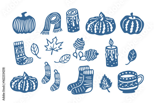 Autumn Harmony: An assortment of hand-drawn autumn-themed icons, rendered in a captivating illustration of seasonal beauty and cozy warmth.