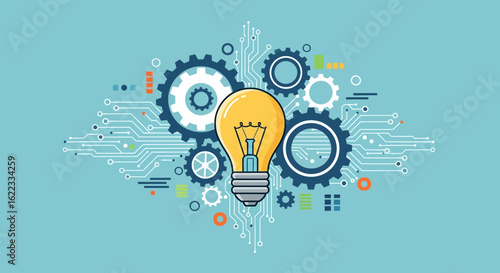 Flat Bright Lightbulb Gears and Circuit Board Innovation Technology Illustration