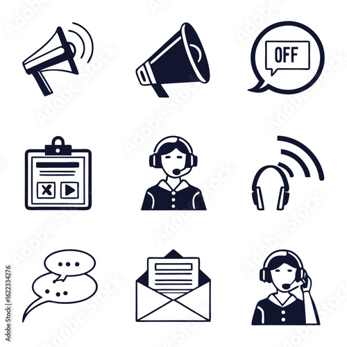 Icon Set Vector Collection Featuring Communication and Customer Service Elements with Clean Minimalist Style in Black